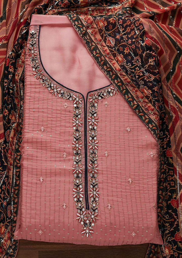 Onion Pink Mirrorwork Semi Crepe Semi-Stitched Salwar Suit - Koskii