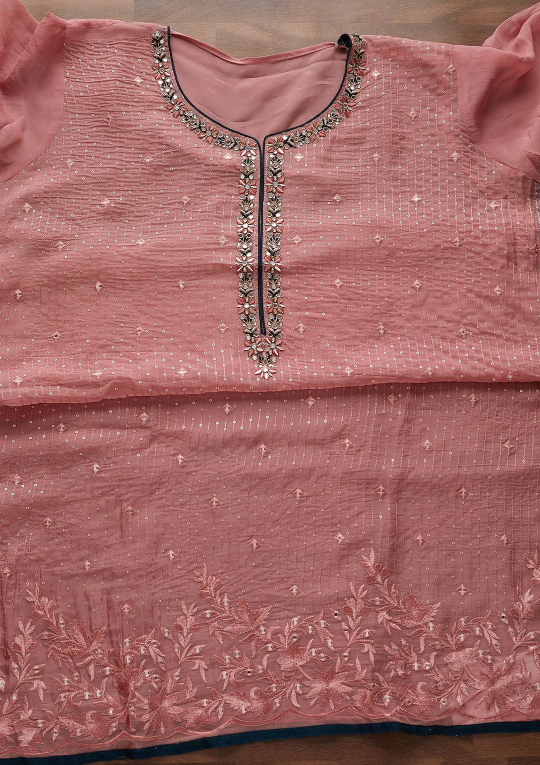 Onion Pink Mirrorwork Semi Crepe Semi-Stitched Salwar Suit - Koskii