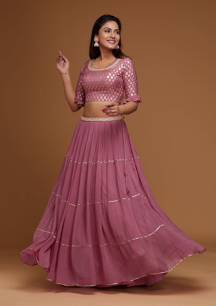 Onion Pink Print Georgette Designer Lehenga - Koskii