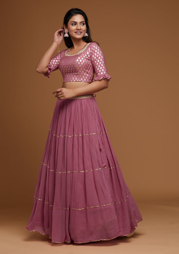 Onion Pink Print Georgette Designer Lehenga - Koskii