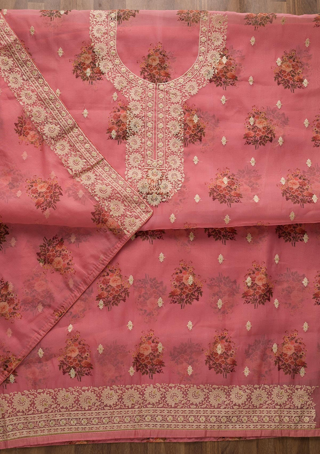 Onion Pink Print Georgette Unstitched Salwar Suit-Koskii