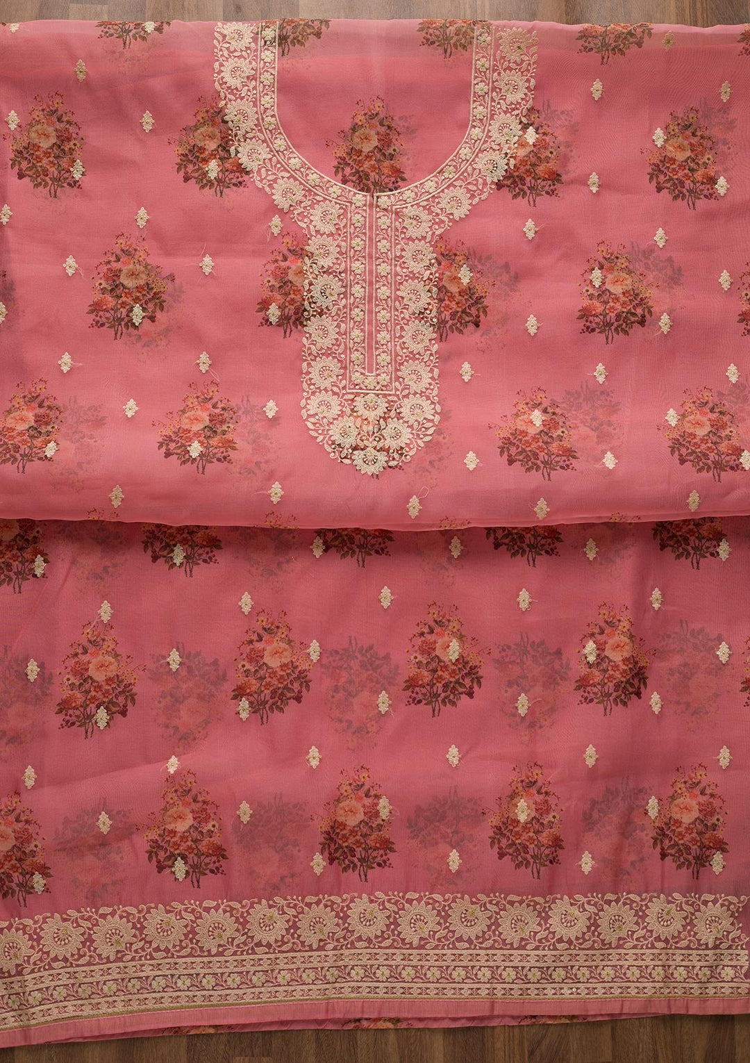 Onion Pink Print Georgette Unstitched Salwar Suit-Koskii