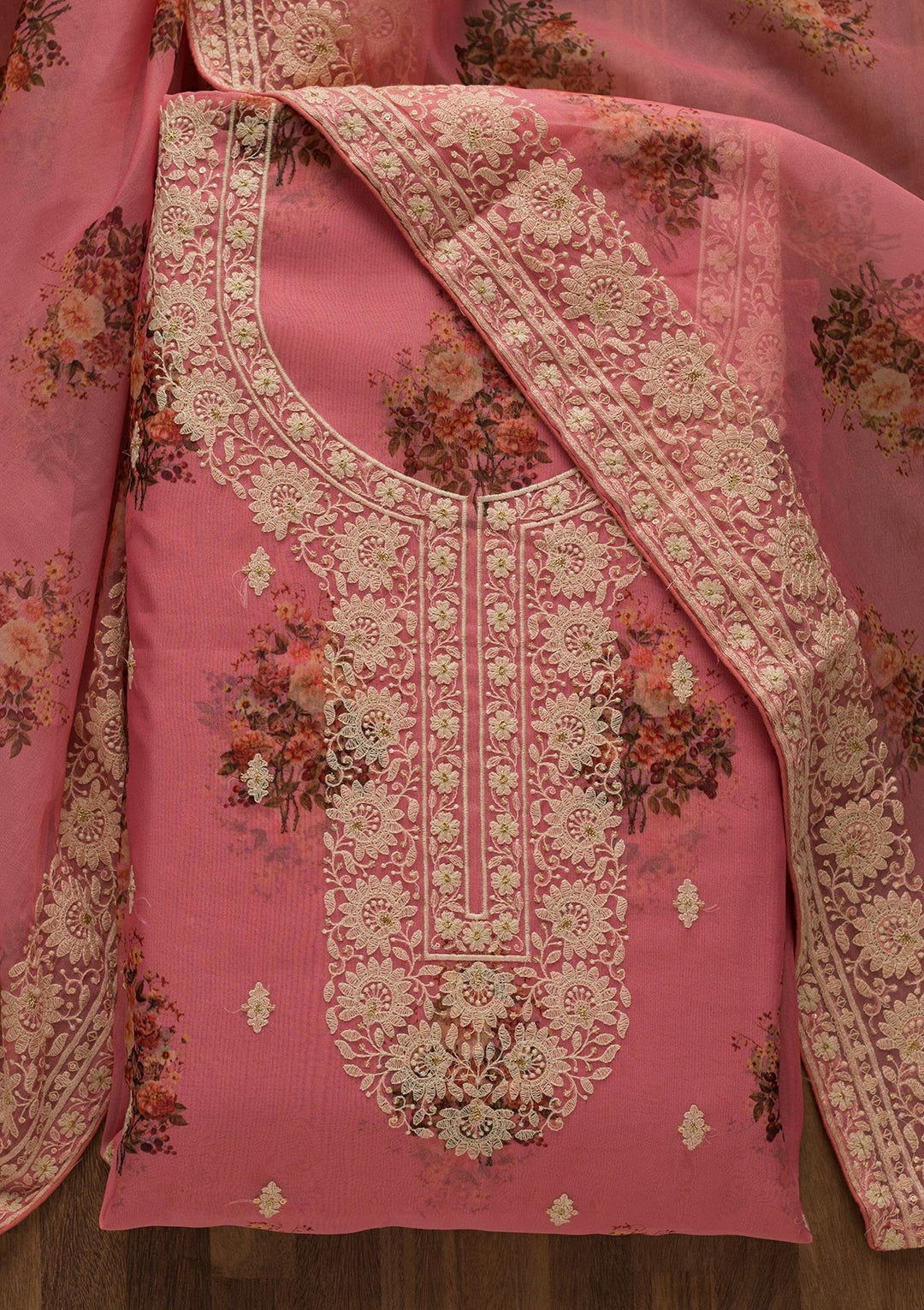 Onion Pink Print Georgette Unstitched Salwar Suit-Koskii