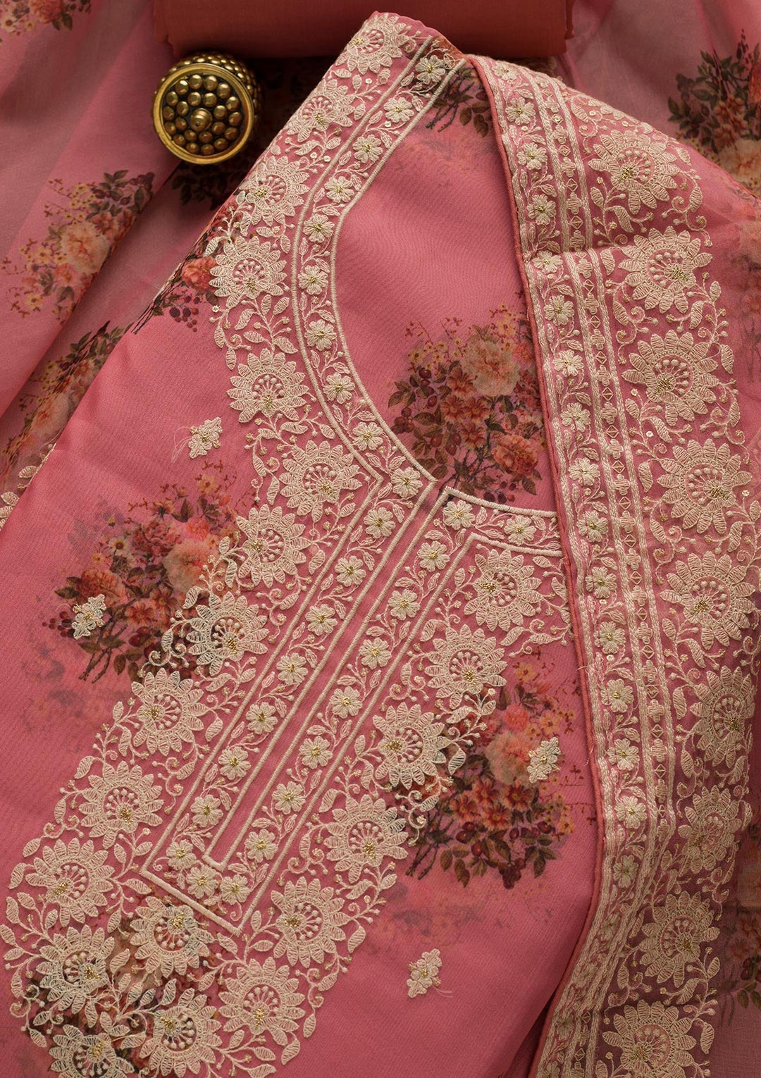 Onion Pink Print Georgette Unstitched Salwar Suit-Koskii