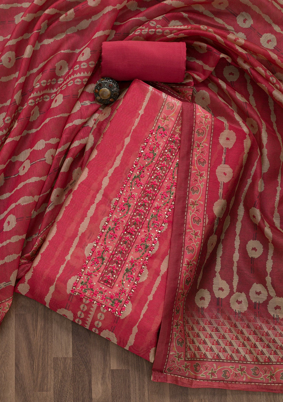 Onion Pink Printed Chanderi Unstitched Salwar Suit-Koskii