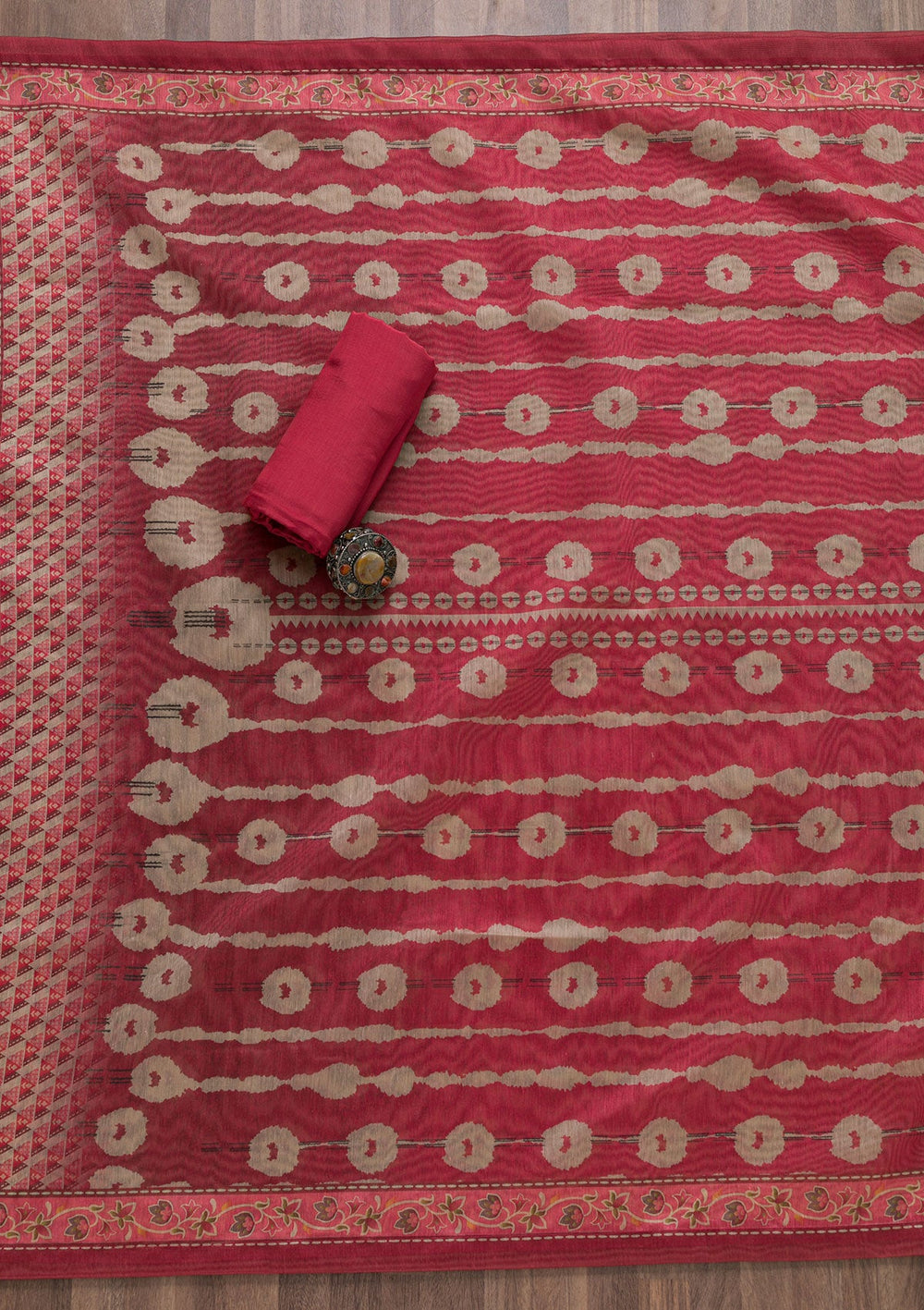 Onion Pink Printed Chanderi Unstitched Salwar Suit-Koskii