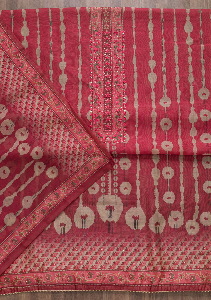 Onion Pink Printed Chanderi Unstitched Salwar Suit-Koskii