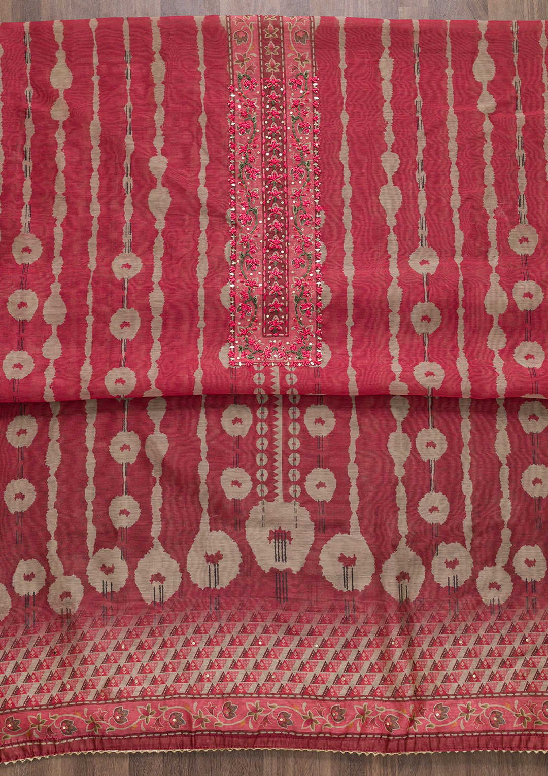 Onion Pink Printed Chanderi Unstitched Salwar Suit-Koskii