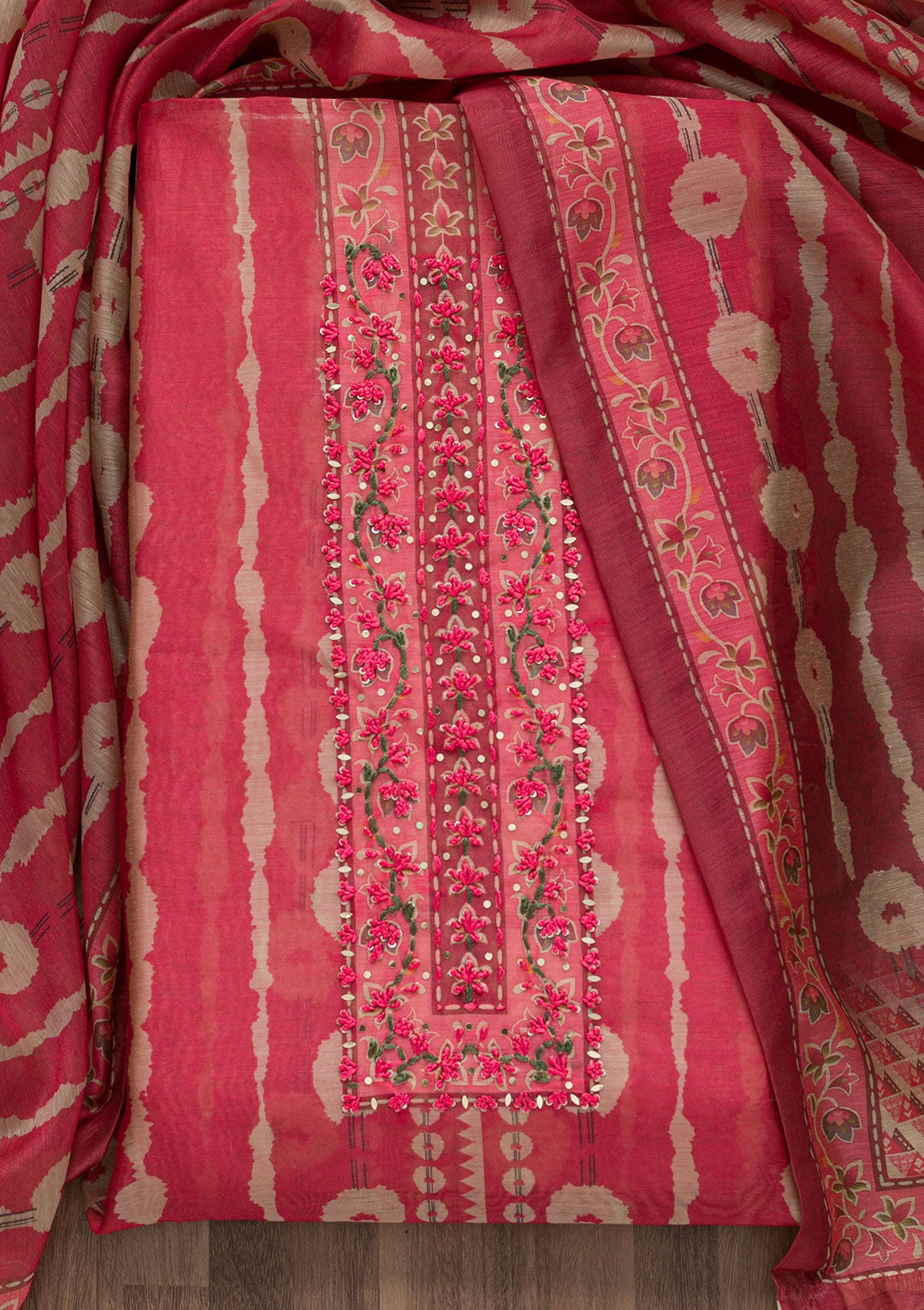 Onion Pink Printed Chanderi Unstitched Salwar Suit-Koskii