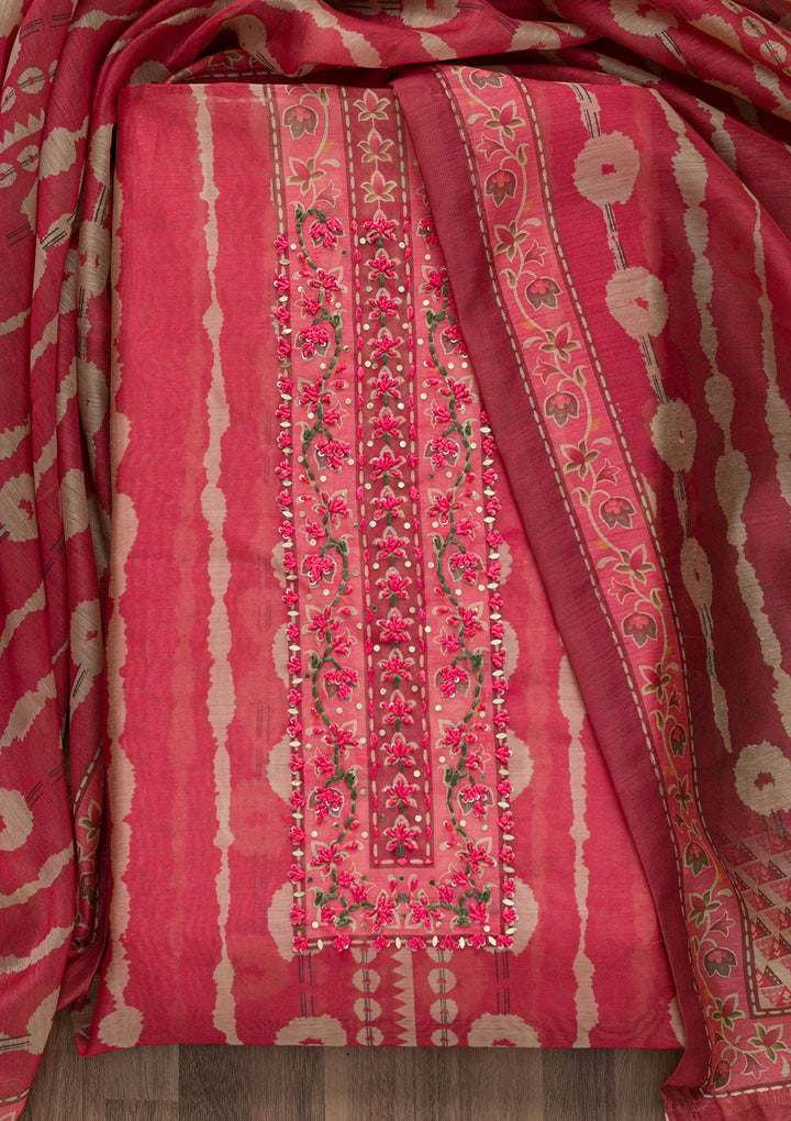 Onion Pink Printed Chanderi Unstitched Salwar Suit-Koskii