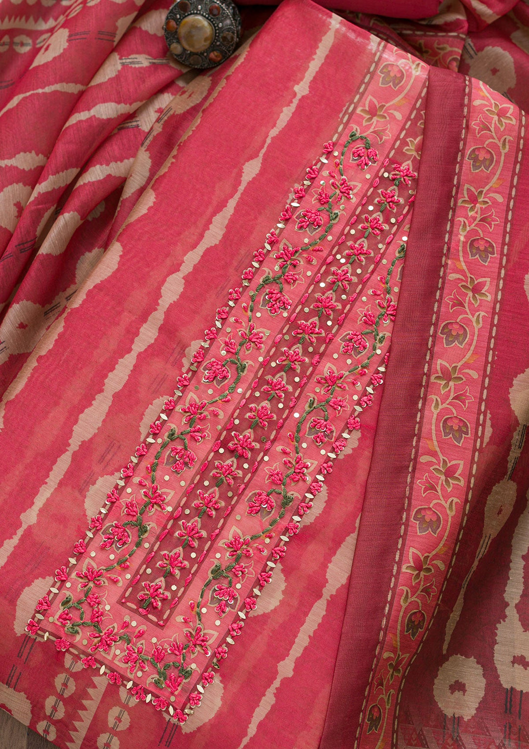 Onion Pink Printed Chanderi Unstitched Salwar Suit-Koskii