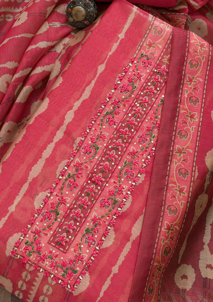 Onion Pink Printed Chanderi Unstitched Salwar Suit-Koskii