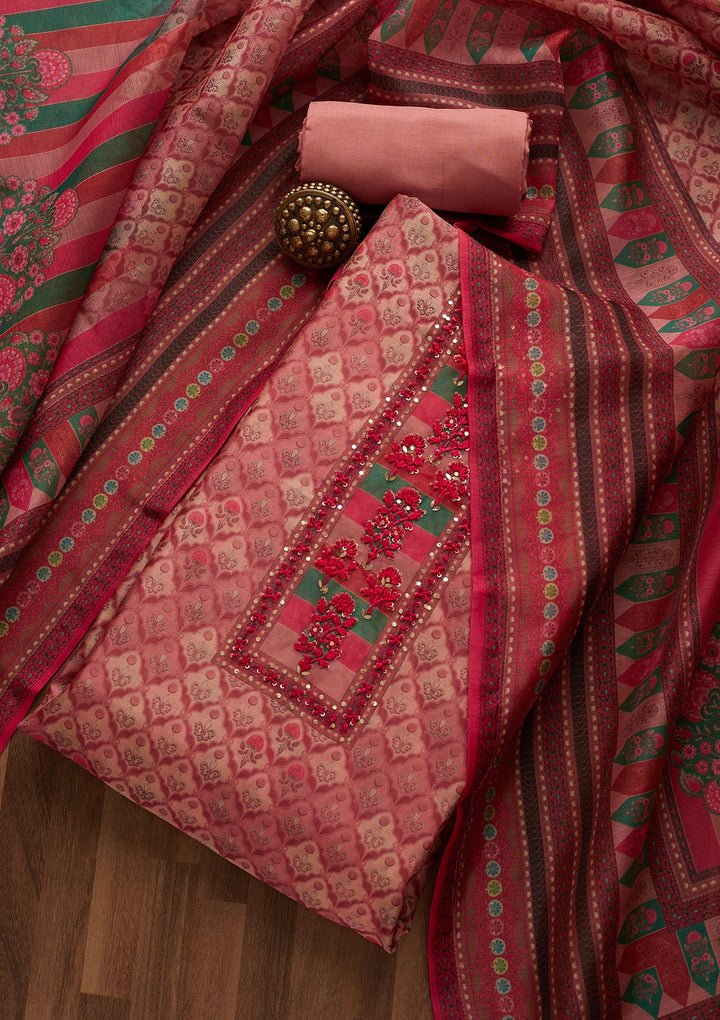 Onion Pink Sequins Chanderi Unstitched Salwar Suit-Koskii