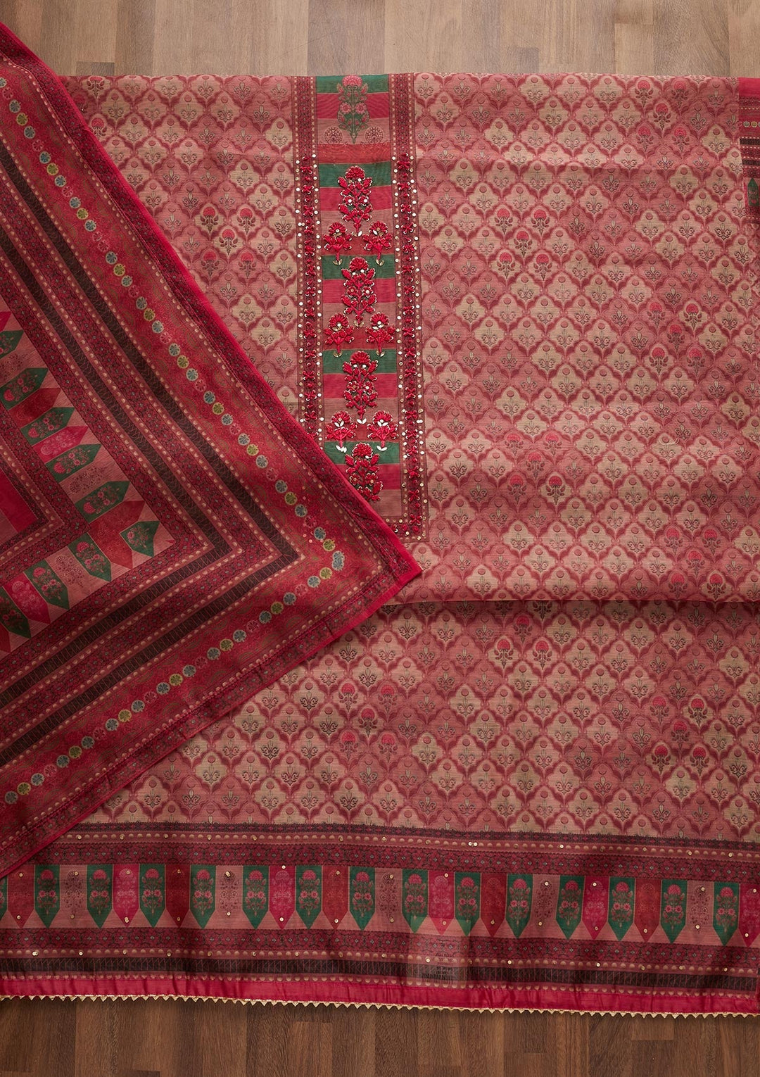 Onion Pink Sequins Chanderi Unstitched Salwar Suit-Koskii