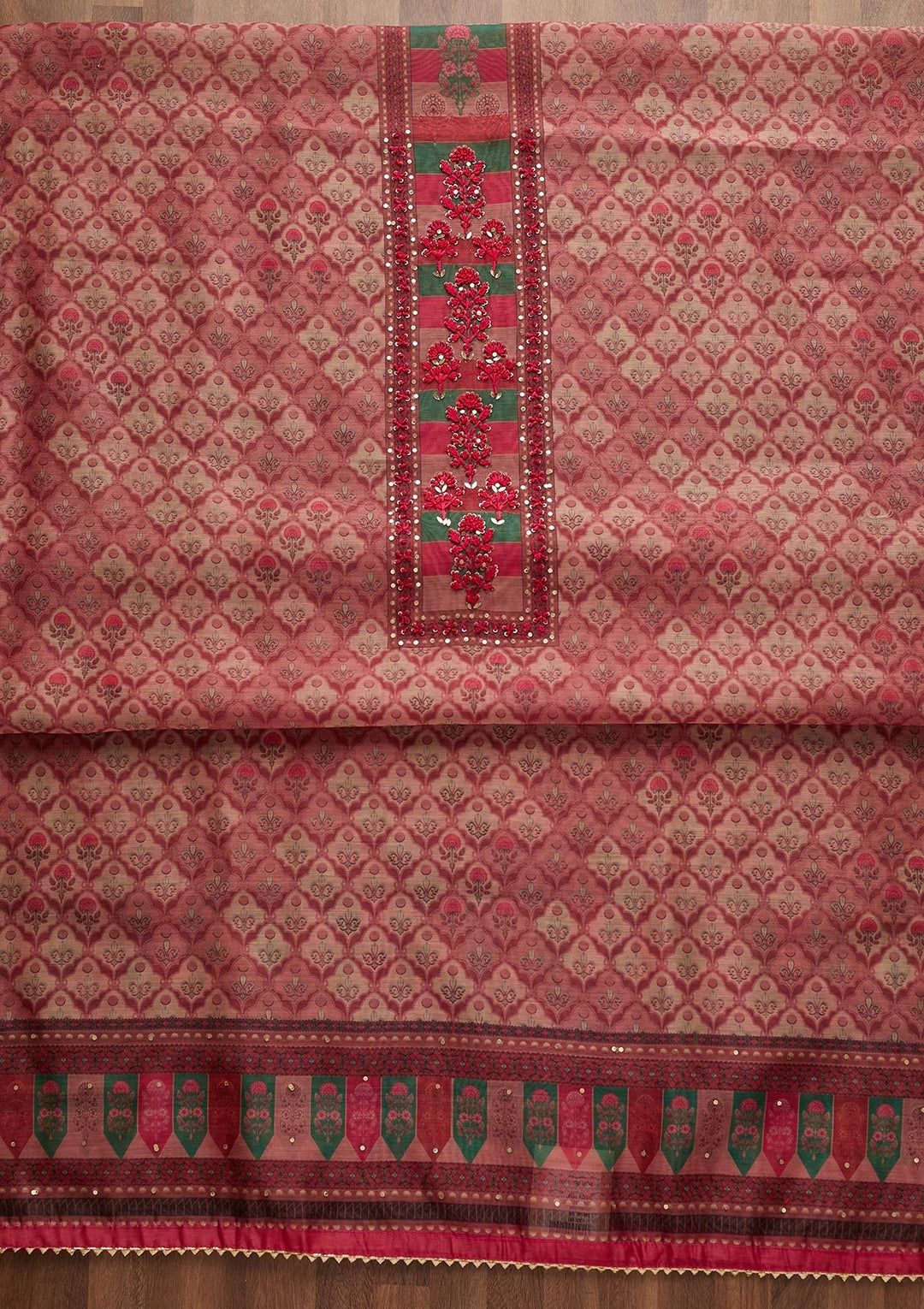 Onion Pink Sequins Chanderi Unstitched Salwar Suit-Koskii