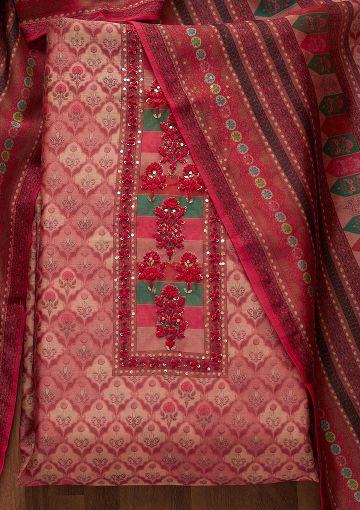 Onion Pink Sequins Chanderi Unstitched Salwar Suit-Koskii