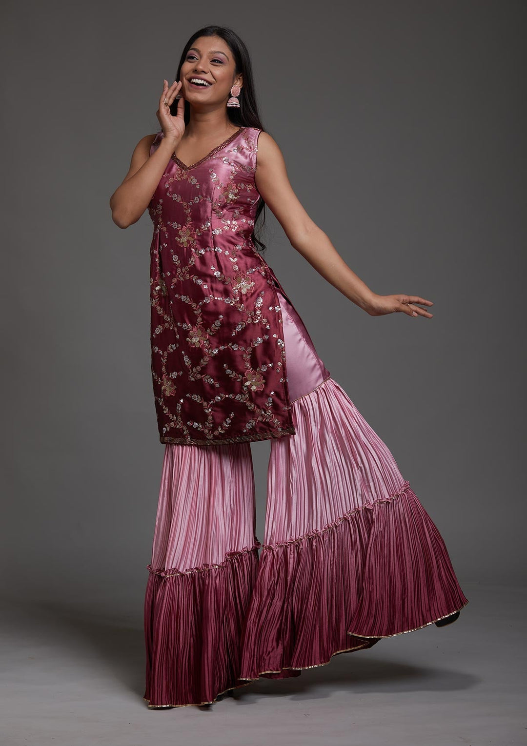 Onion Pink Sequins Satin Designer Salwar Suit-Koskii