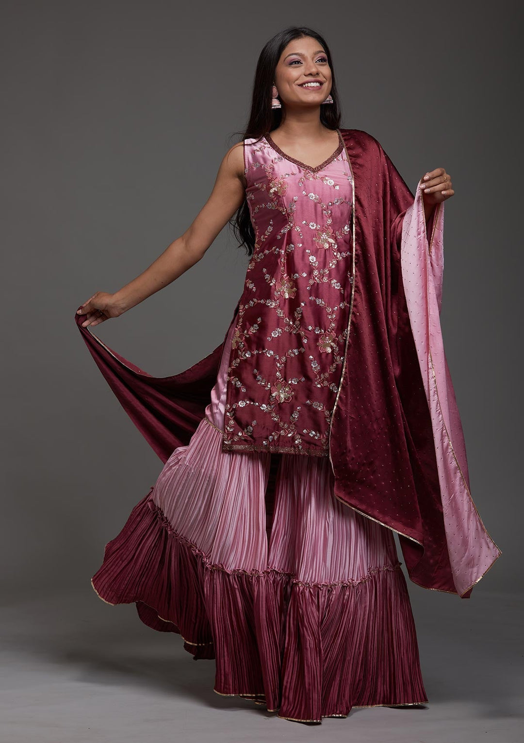 Onion Pink Sequins Satin Designer Salwar Suit-Koskii