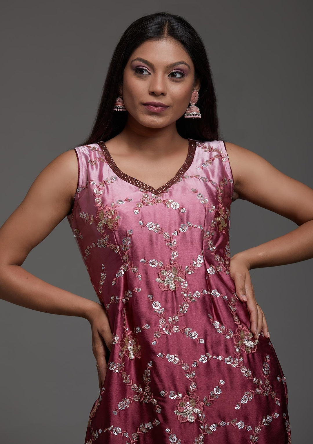 Onion Pink Sequins Satin Designer Salwar Suit-Koskii