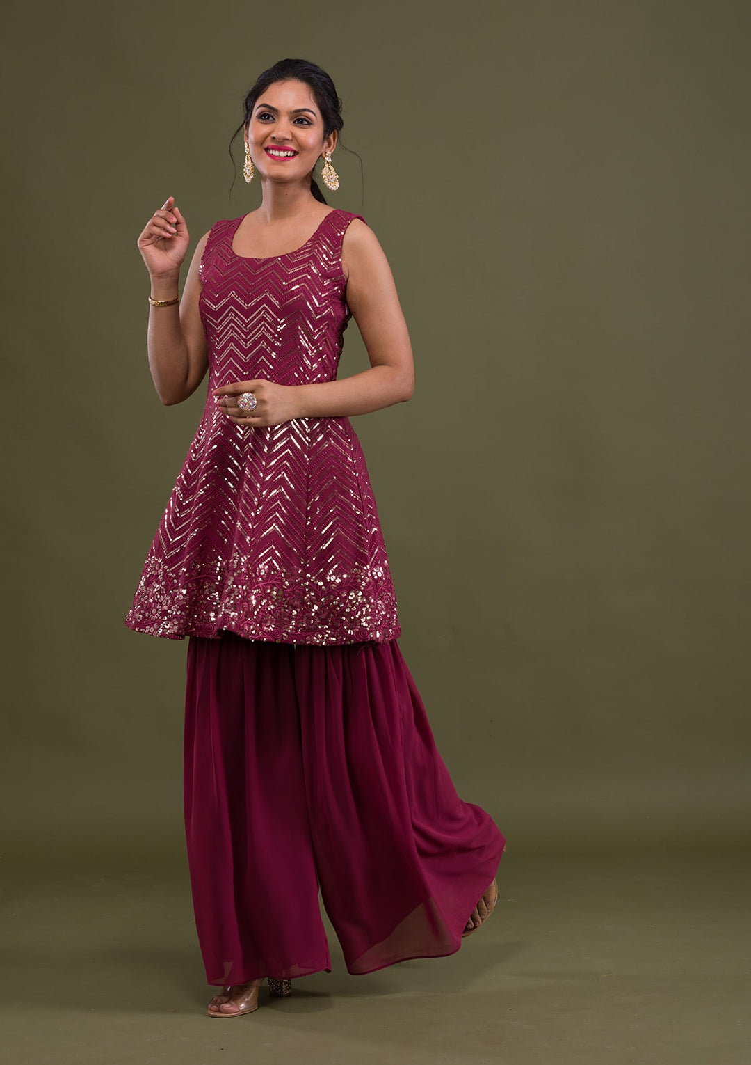 Onion Pink Sequins Georgette Readymade Salwar Suit-Koskii