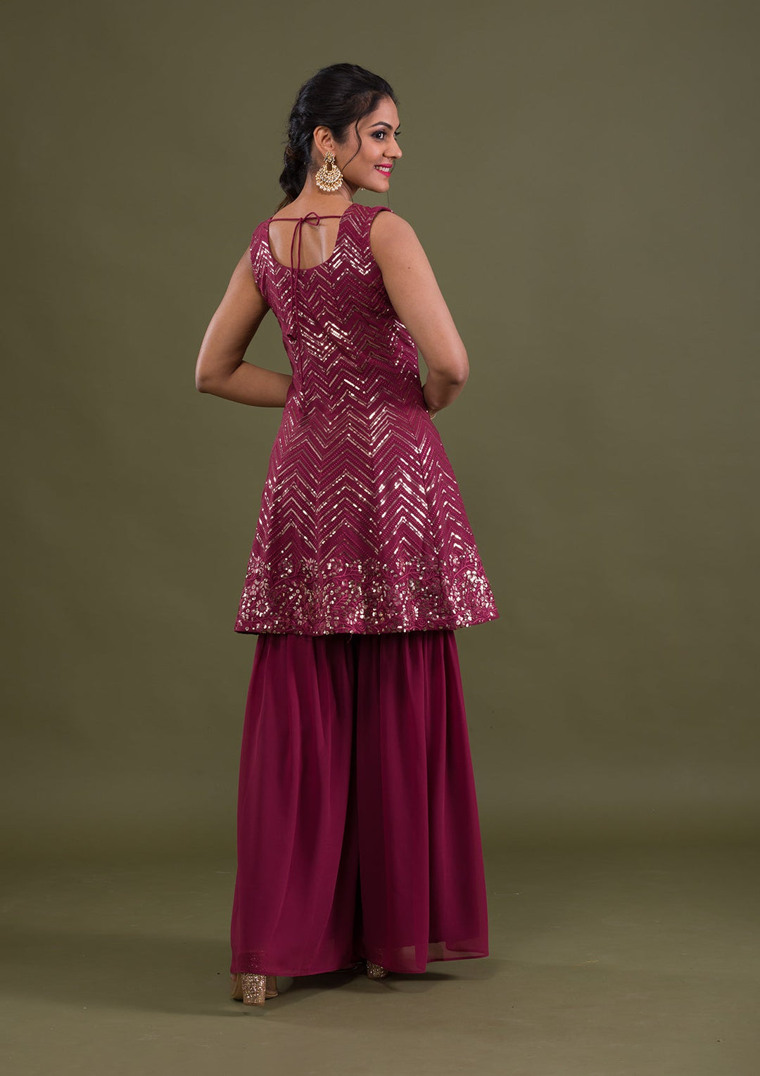 Onion Pink Sequins Georgette Readymade Salwar Suit-Koskii