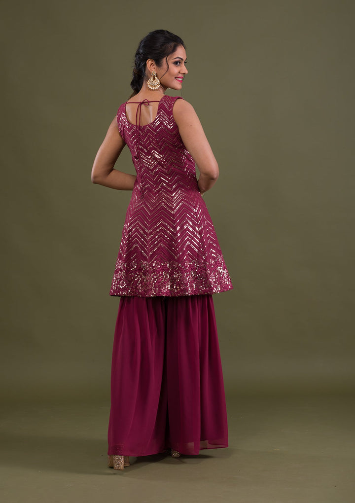 Onion Pink Sequins Georgette Readymade Salwar Suit-Koskii