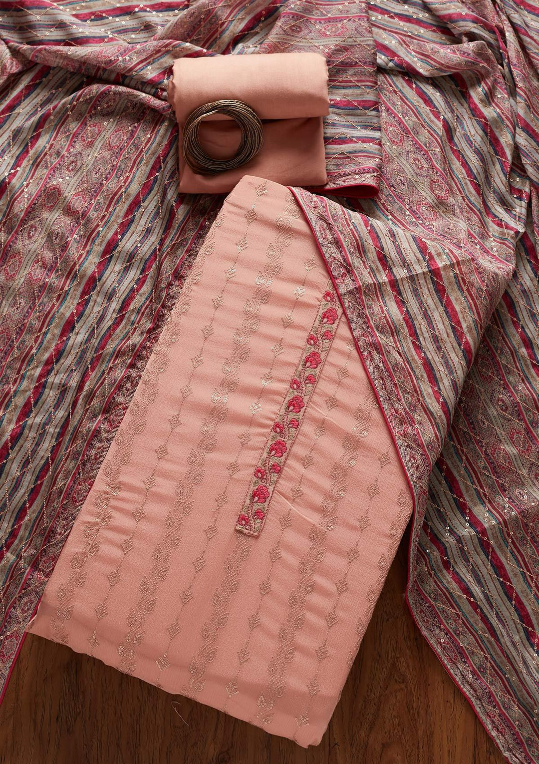 Onion Pink Sequins Georgette Designer Unstitched Salwar Suit - koskii