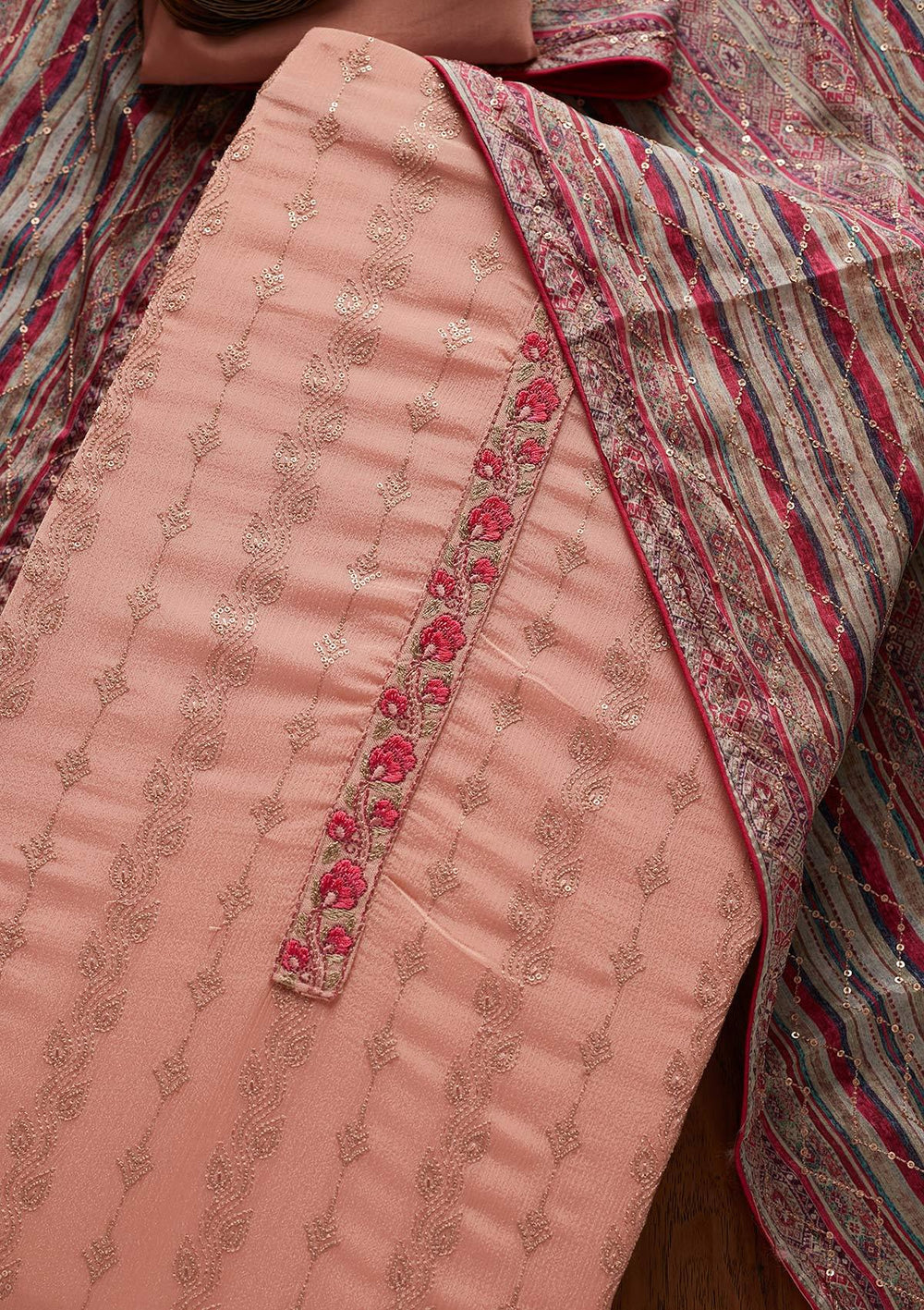 Onion Pink Sequins Georgette Designer Unstitched Salwar Suit - koskii