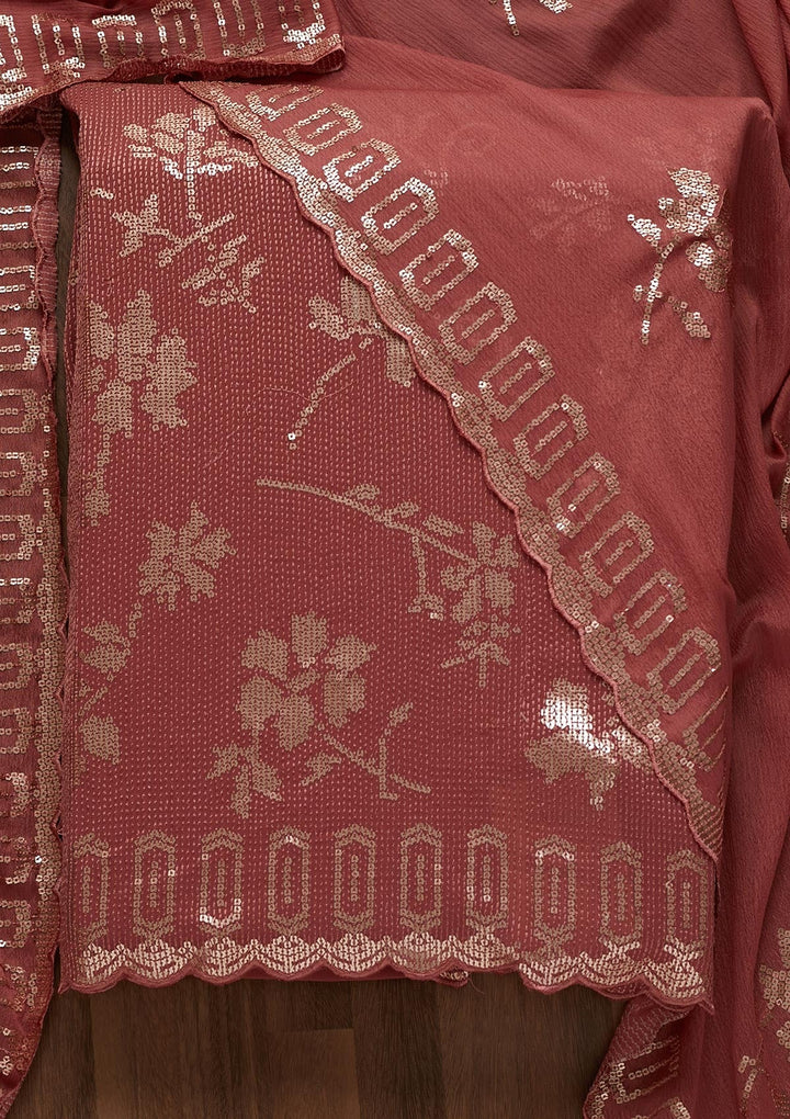 Onion Pink Sequins Georgette Unstitched Salwar Suit - Koskii