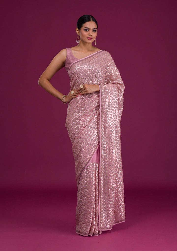 Onion Pink Sequins Georgette Unstitched Saree-Koskii