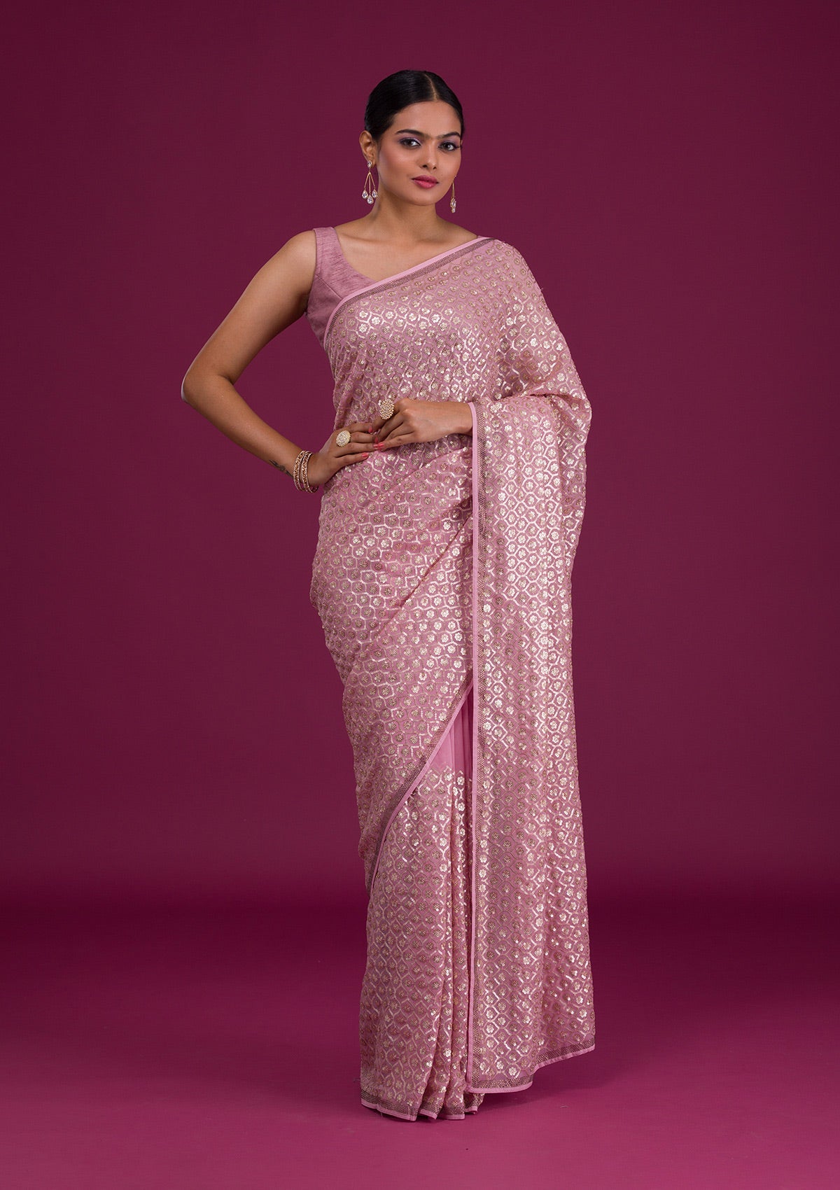 Onion Pink Sequins Georgette Unstitched Saree-Koskii