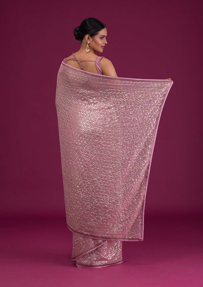 Onion Pink Sequins Georgette Unstitched Saree-Koskii