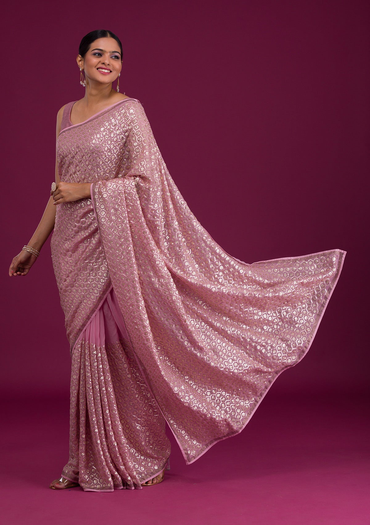 Onion Pink Sequins Georgette Unstitched Saree-Koskii
