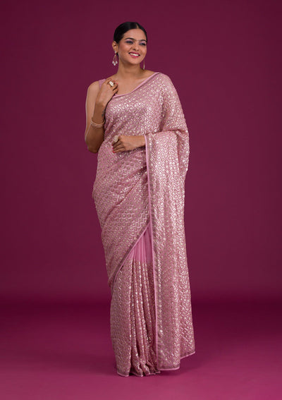 Onion Pink Sequins Georgette Unstitched Saree-Koskii