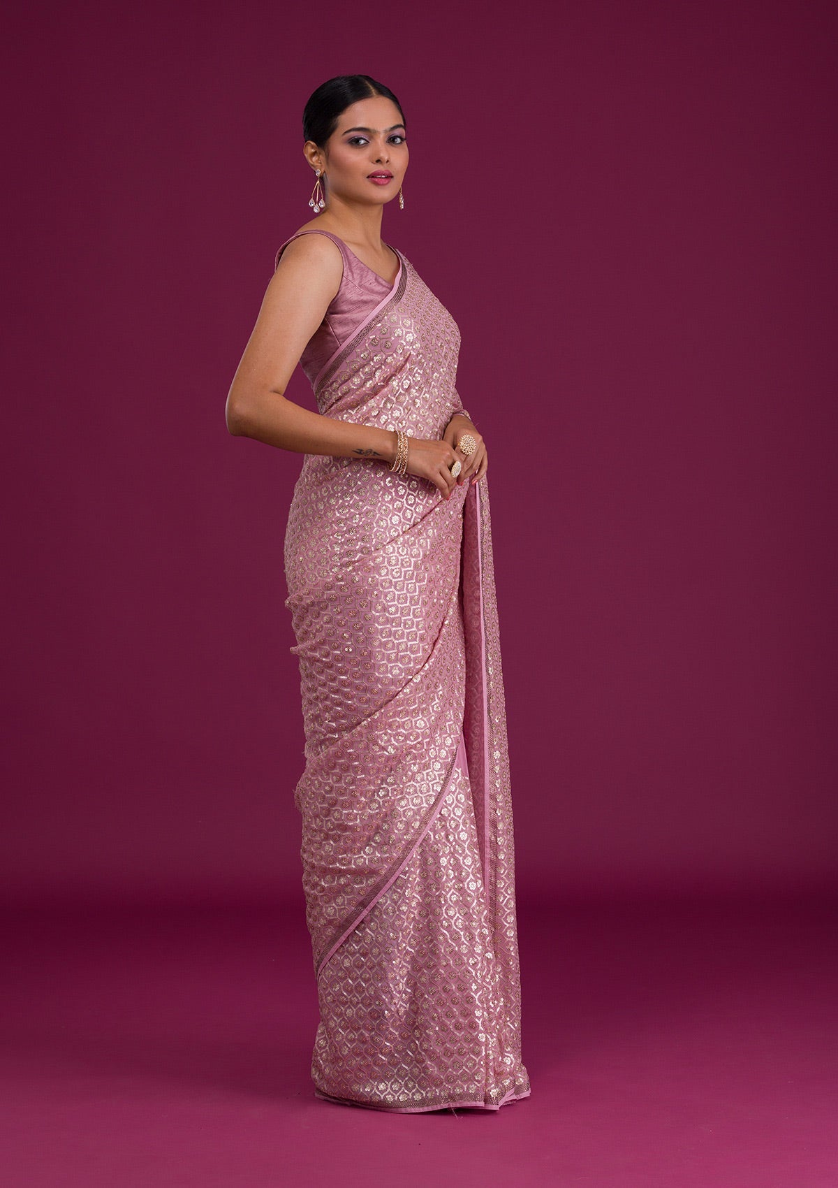 Onion Pink Sequins Georgette Unstitched Saree-Koskii