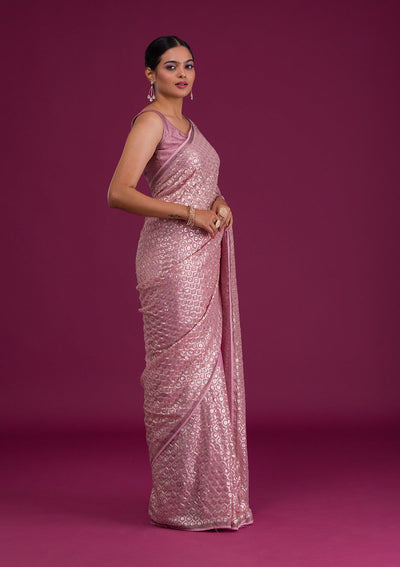 Onion Pink Sequins Georgette Unstitched Saree-Koskii