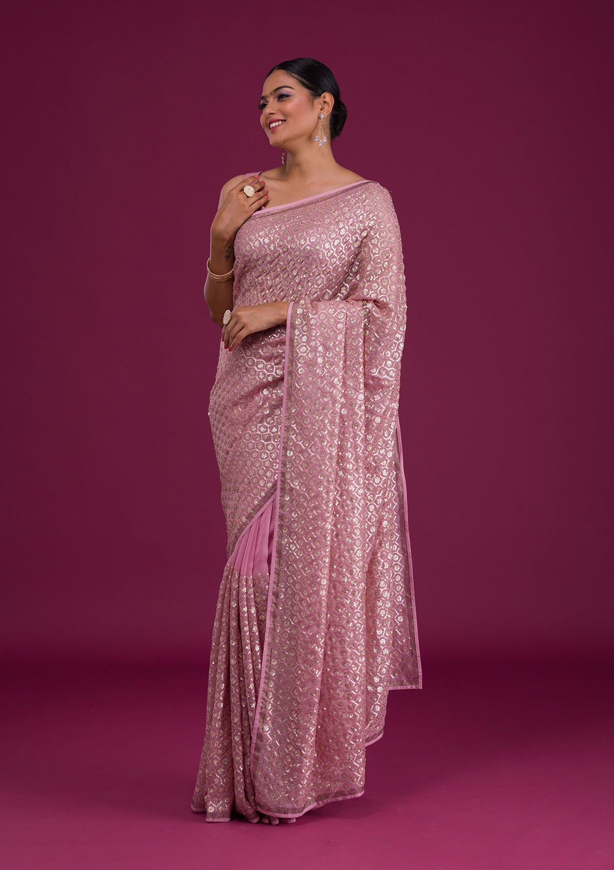 Onion Pink Sequins Georgette Unstitched Saree-Koskii