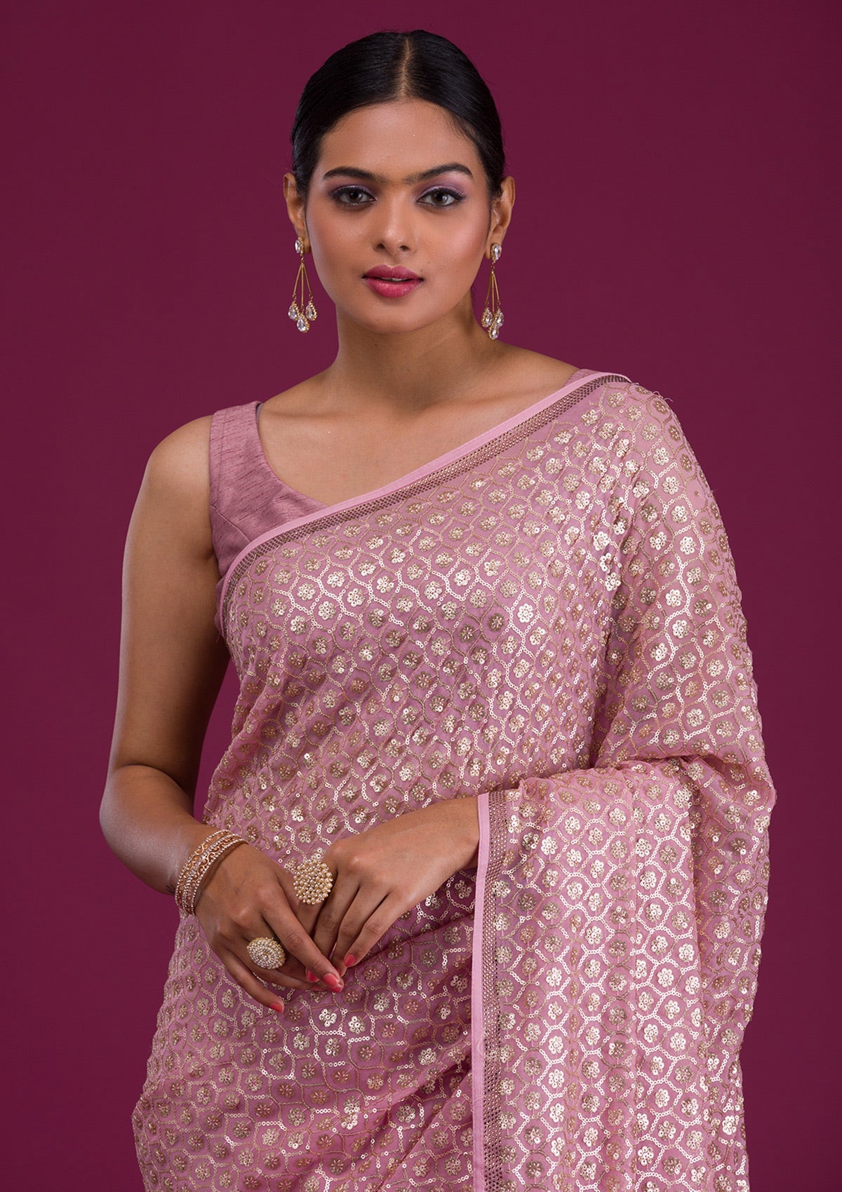 Onion Pink Sequins Georgette Unstitched Saree-Koskii