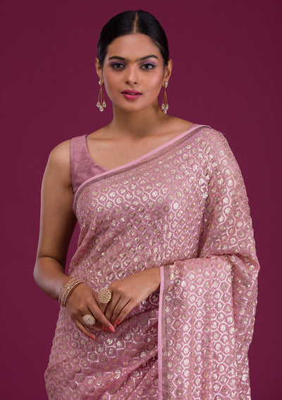 Onion Pink Sequins Georgette Unstitched Saree-Koskii