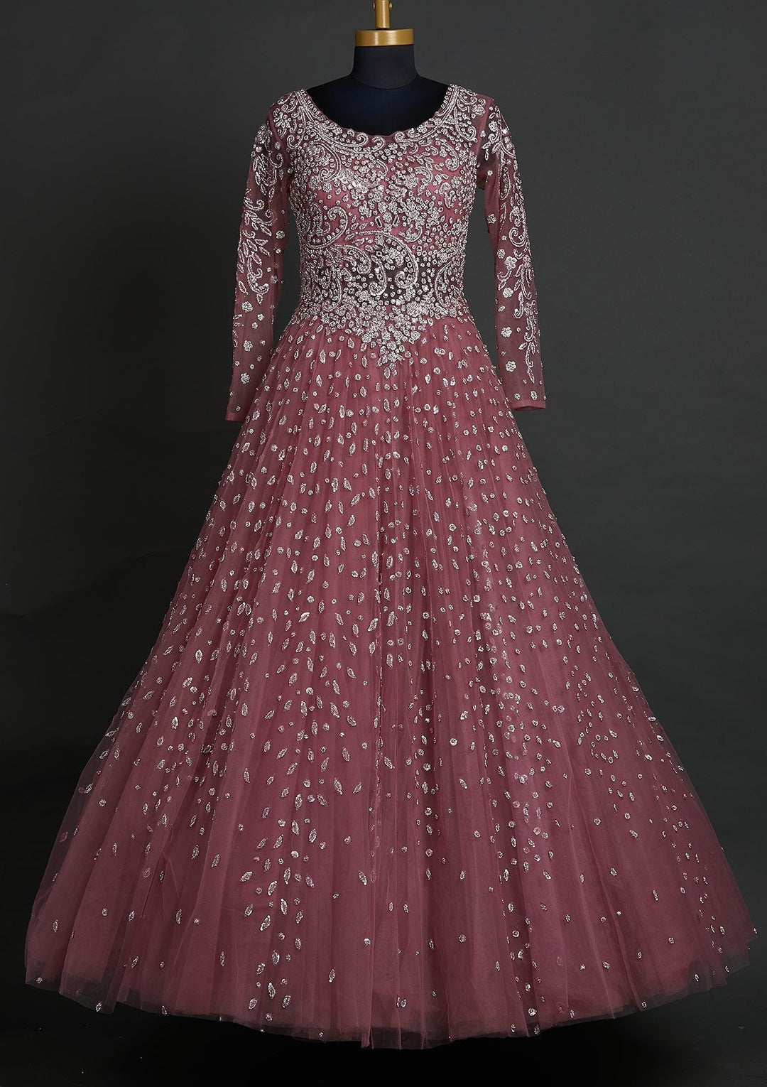 Onion Pink Sequins Net Designer Gown - koskii