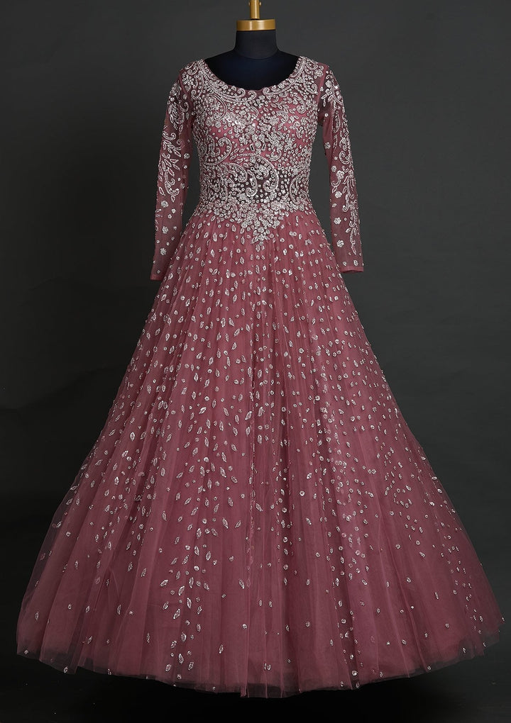 Onion Pink Sequins Net Designer Gown - koskii