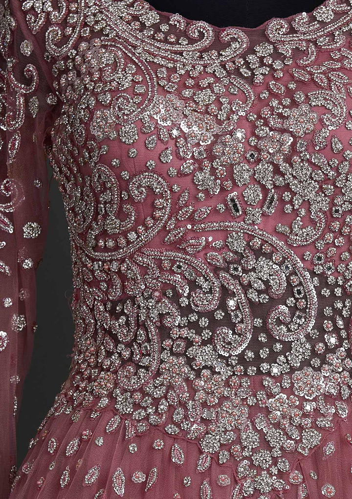 Onion Pink Sequins Net Designer Gown - koskii