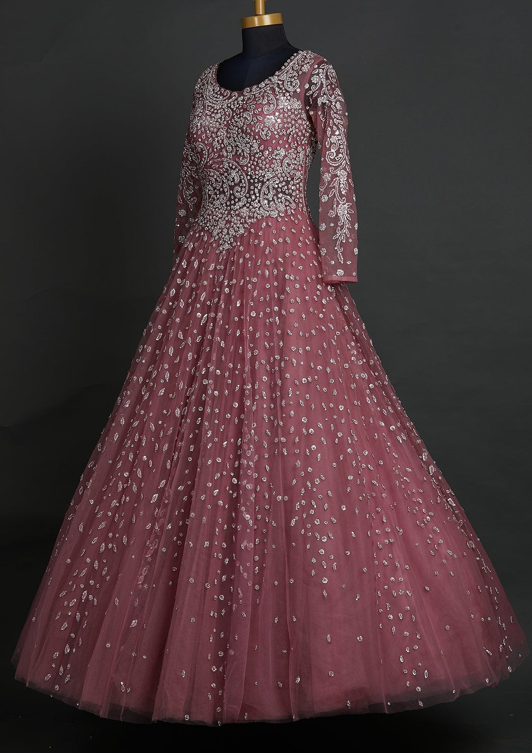 Onion Pink Sequins Net Designer Gown - koskii