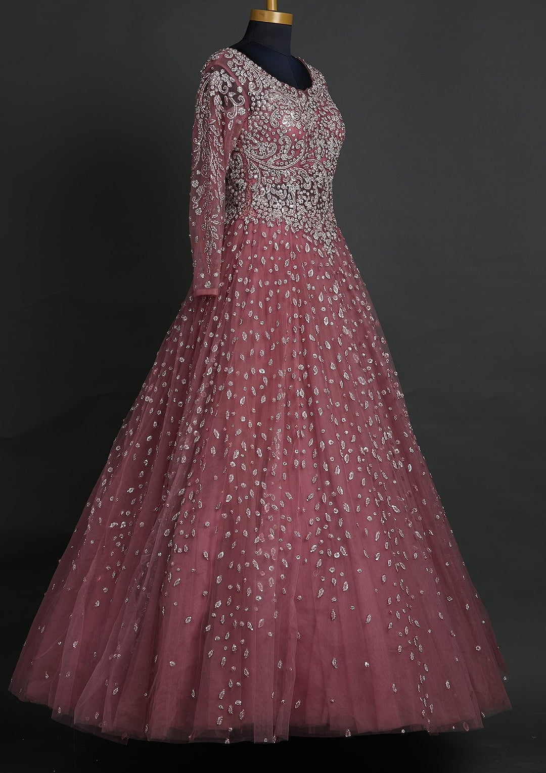 Onion Pink Sequins Net Designer Gown - koskii