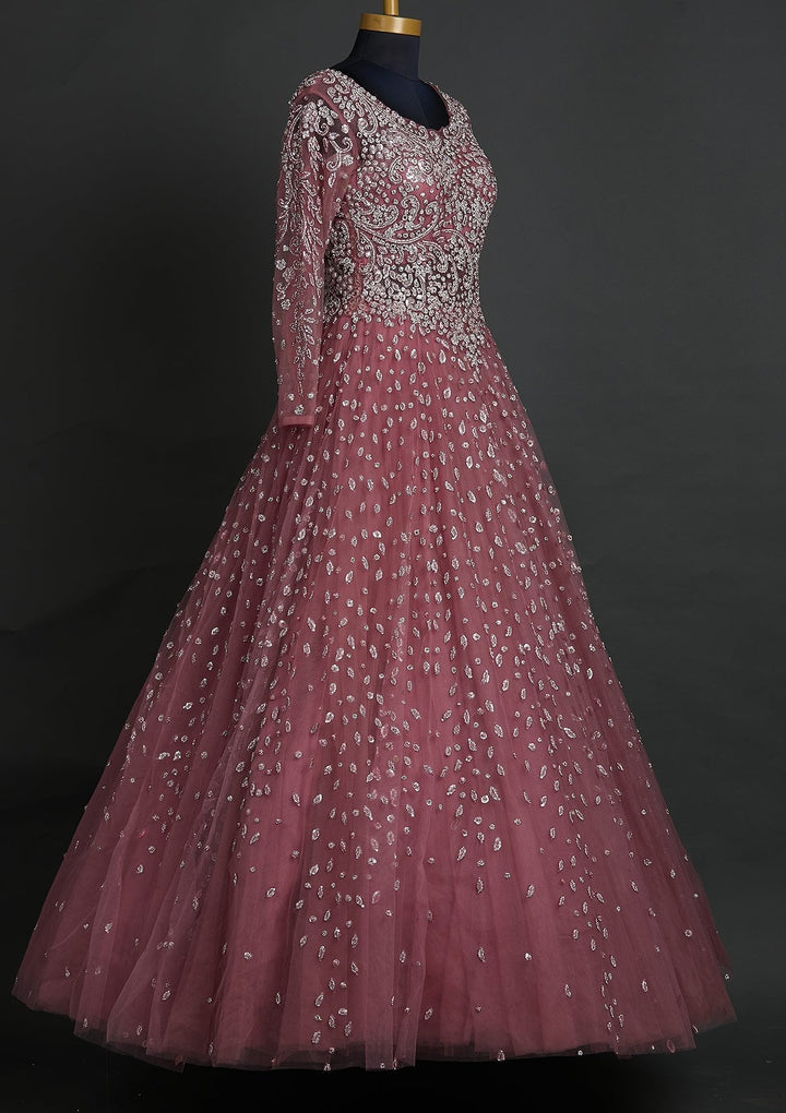 Onion Pink Sequins Net Designer Gown - koskii