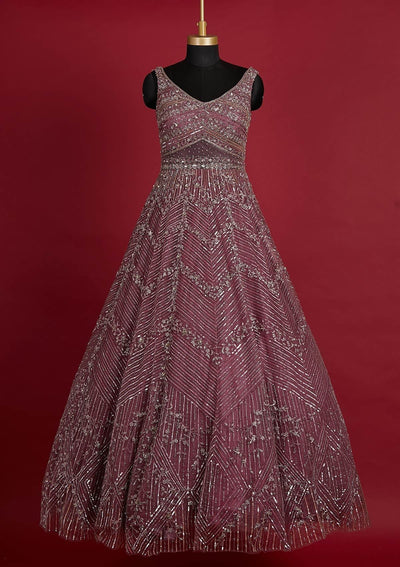 Onion Pink Sequins Net Designer Gown - koskii