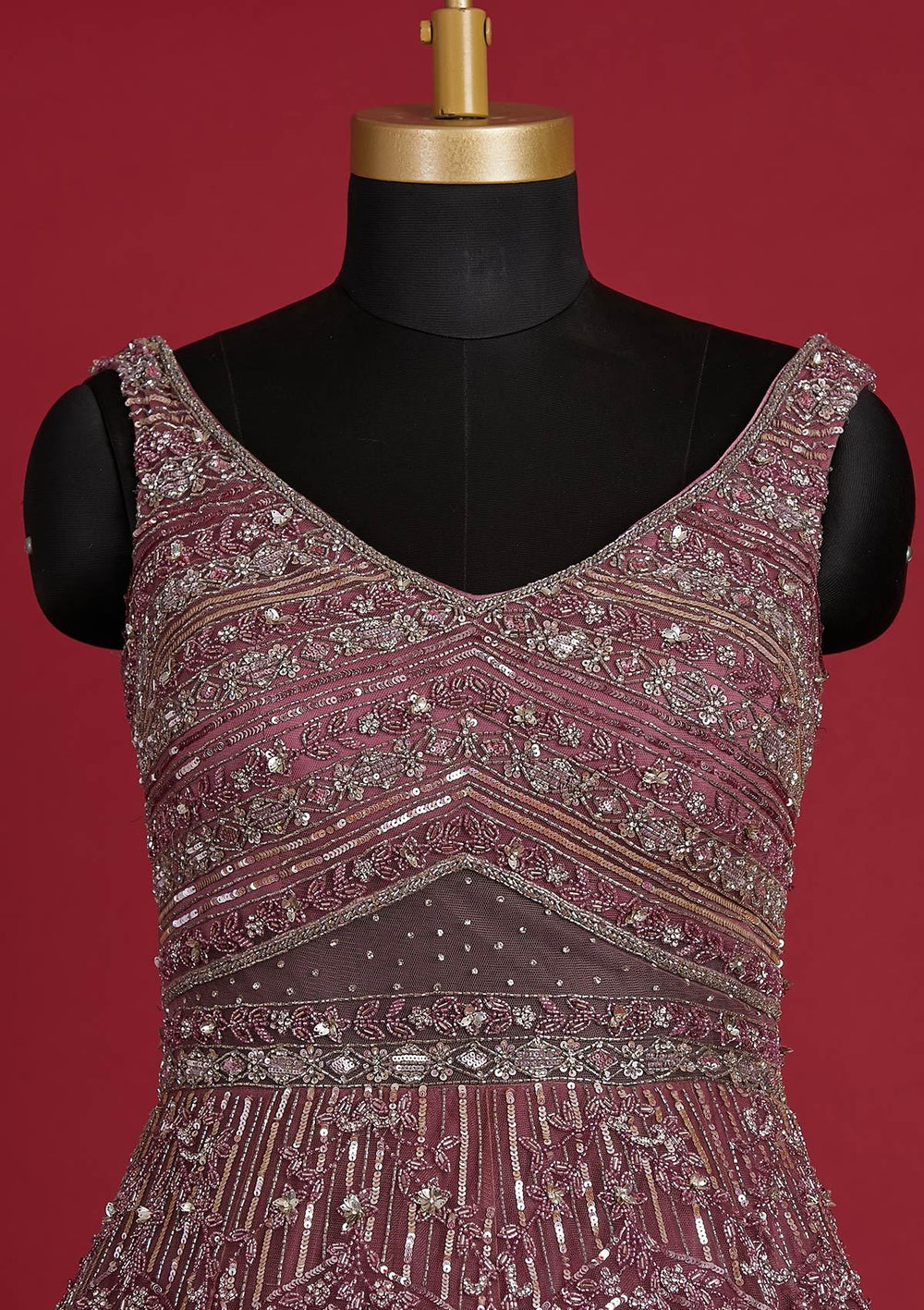 Onion Pink Sequins Net Designer Gown - koskii