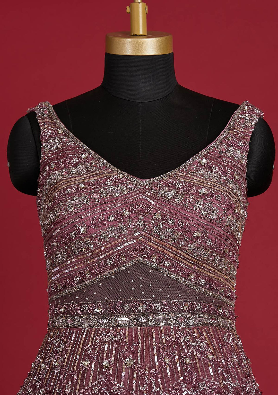 Onion Pink Sequins Net Designer Gown - koskii