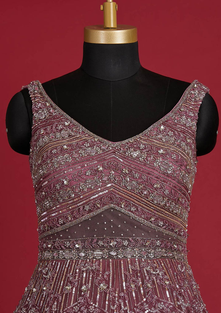 Onion Pink Sequins Net Designer Gown - koskii