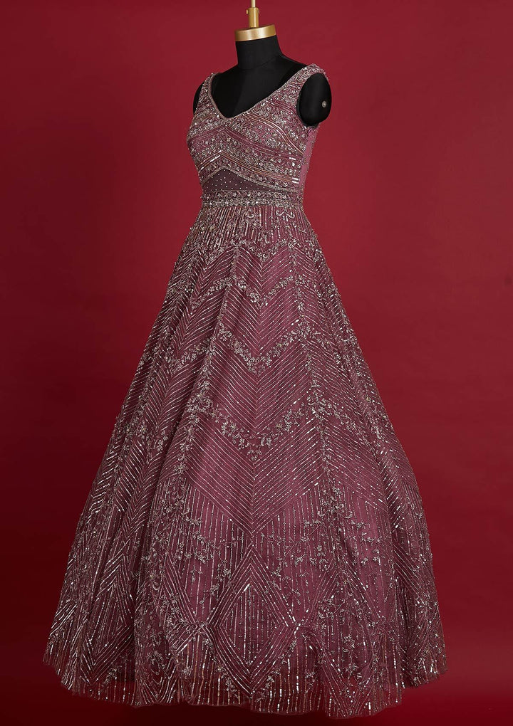 Onion Pink Sequins Net Designer Gown - koskii